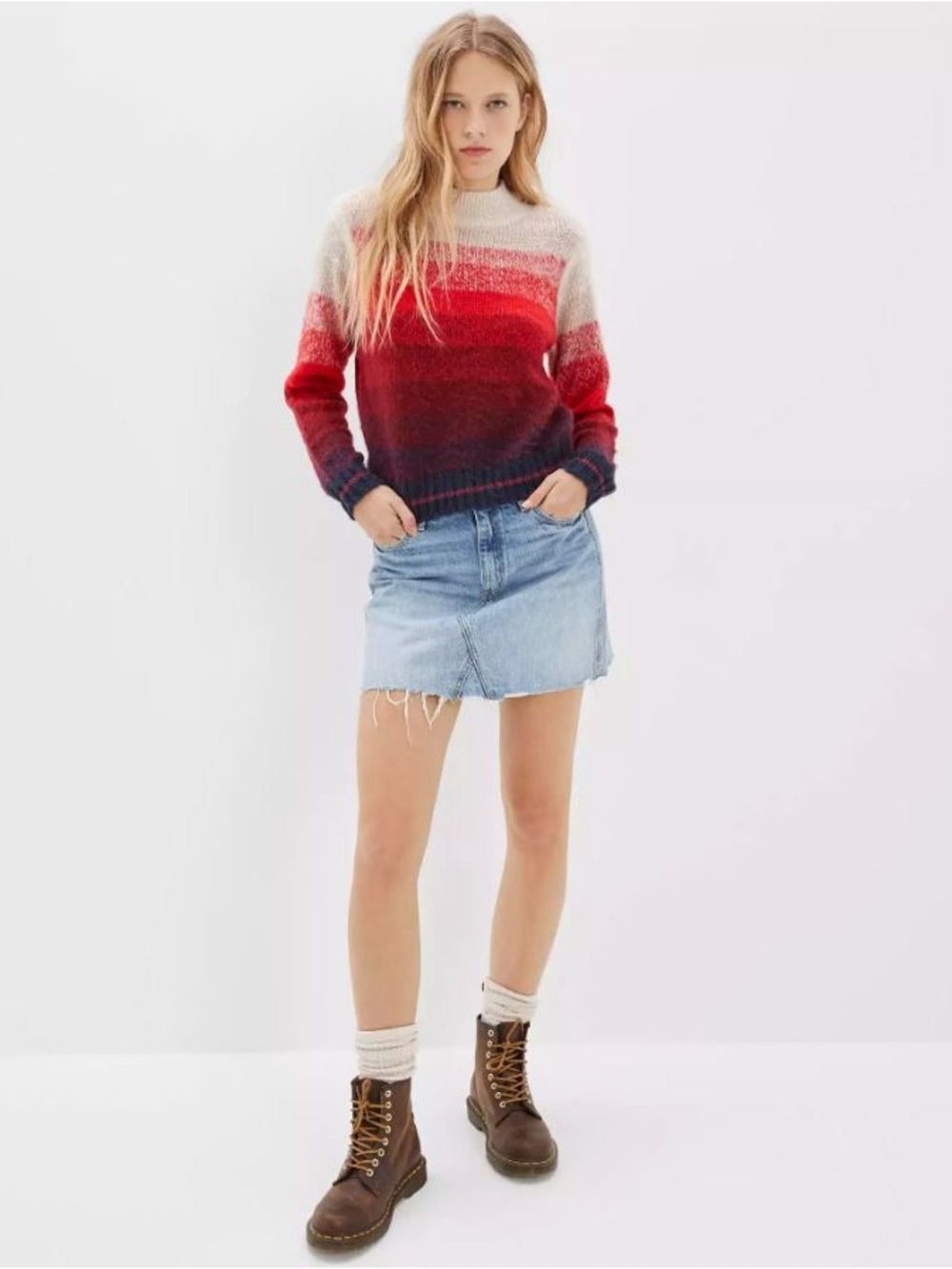 American Eagle Ombre Stripe Mock Neck Sweater in Red